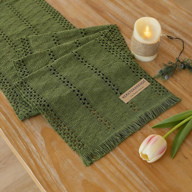 Keketoarrange Boho Sage Green Table Runner for Spring Easter Decorations 12x72 Inches Farmhouse Small Macrame Woven Burlap Rustic Coffee Dresser Table Runner Dining Kitchen Centerpiece Bohemian Decor