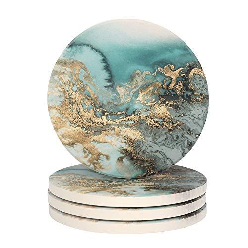 Lahome Marble Pattern Coasters - Round Drinks Absorbent Stone Coaster Set with Ceramic Stone and Cork Base for Kinds of Mugs and Cups (Blue, Set of 4)