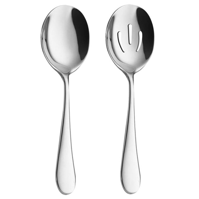 AOOSY 2 Pieces Stainless Steel Flatware Serving Sets, 8.7-Inch Long Handle Slotted Spoons and Serving Spoons for Buffet, Banquet, Cooking, and Kitchen