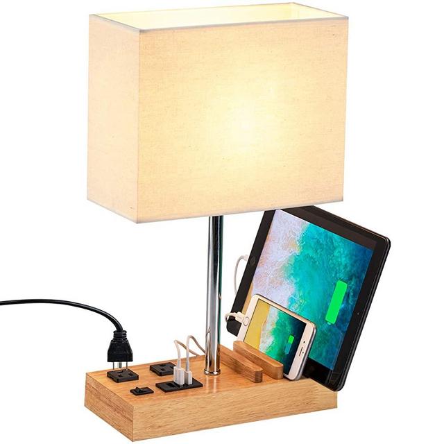 Dreamholder Desk Lamp with 3 USB Charging Ports, 2 AC Outlets and 3 Phone Stands, Modern USB Table Lamp with Natural Wooden Base and Cream Linen Shade