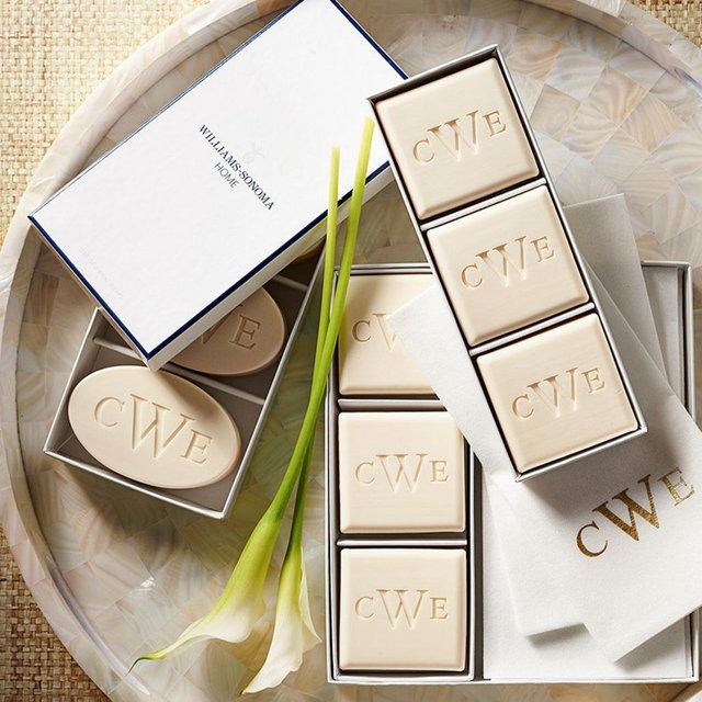 Williams Sonoma Home Monogrammed Soap & Towel Gift Set - Aqua Mineral, Gold Leaf