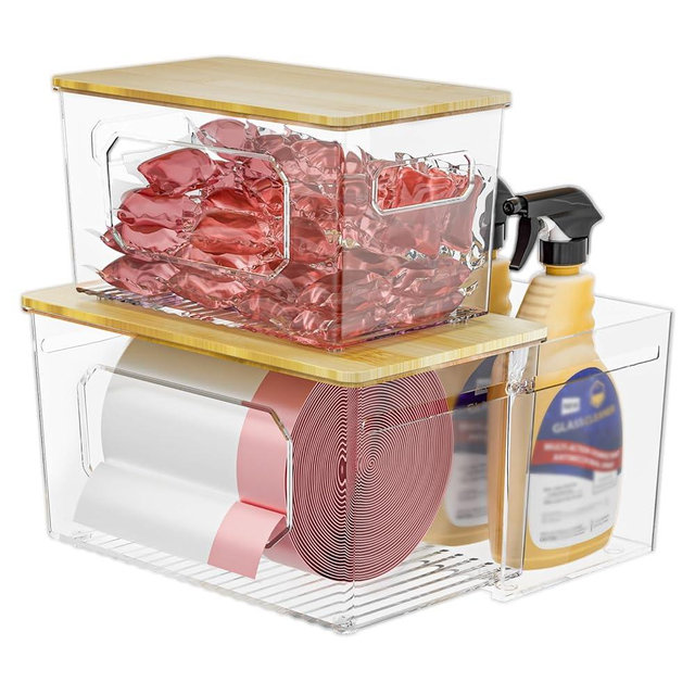 Trash Bag Holder 3-in-1 Under Sink Organizer, Acrylic Trash Bag Dispenser with Bamboo Lid and Pull-Out Basket for Cleaning Supplies, Space Saving Garbage Bag Holder for Kitchen Laundry Room Storage