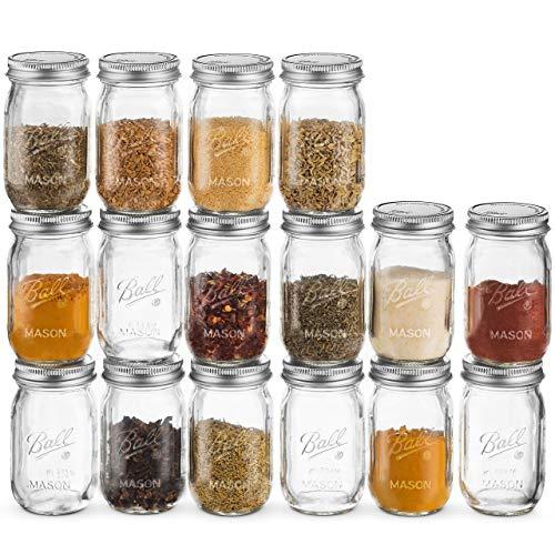 Ball Spice Jars - Mini Mason Jars 4 oz. Set of 16 Small Glass Storage Jars With Lids - For Herbs & Spices, Jelly, Honey Jars, (Not Canning) Favors, DIY & Crafts - Bundled With SEWANTA 28 Spice Labels