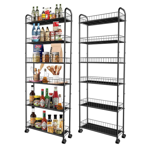 RUOZTEOO Slim Storage Cart with Wheels, 6-Tier 6in Black Narrow Rolling Shelf,Sturdy Slim Storage Ideal for Kitchen, Bathroom, and Laundry Room