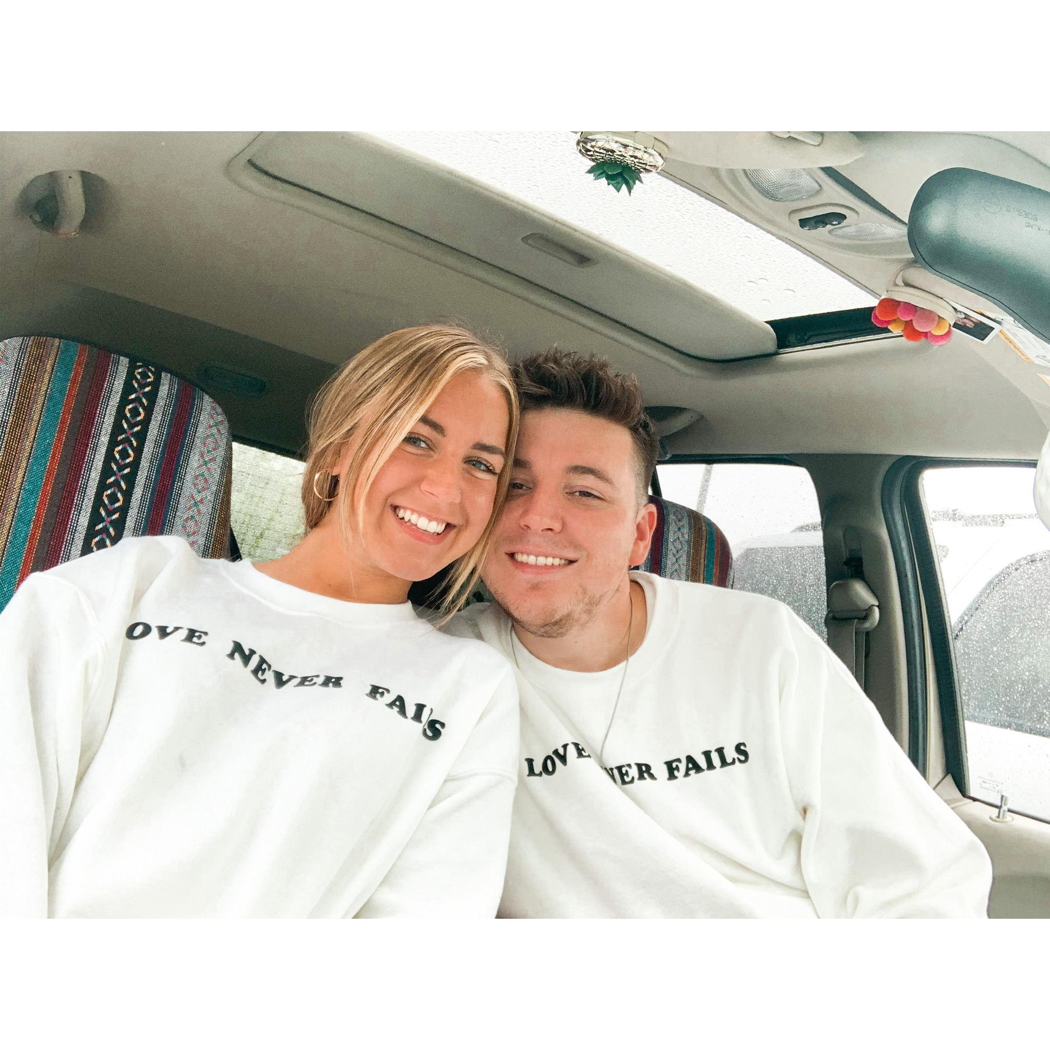 We made sweatshirts together that says, "Love Never Fails" which is our bible verse together. We even put each other's initials on the sleeves :)