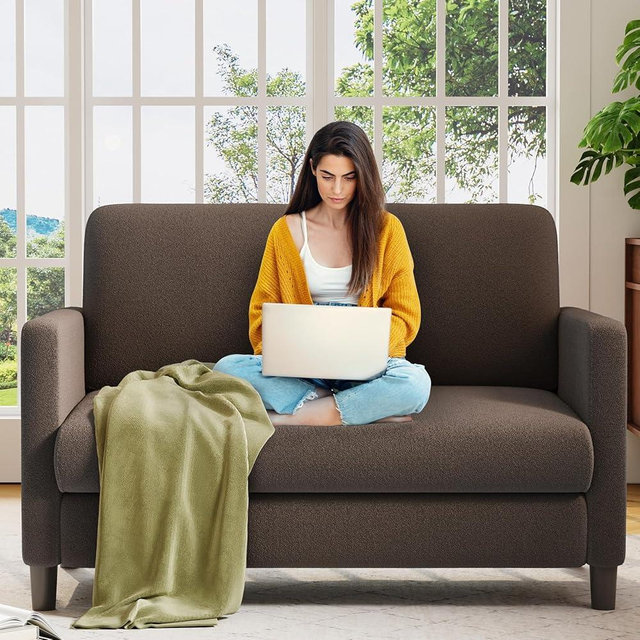 Welzona Loveseat, 51" Small Couch, Comfy Teddy Love Seat for Living Room, Tool-Free Setup Loveseat Sofa for Small Spaces, All-Wood Small Sofa Couch for Bedroom, No Pillow Included, Brown