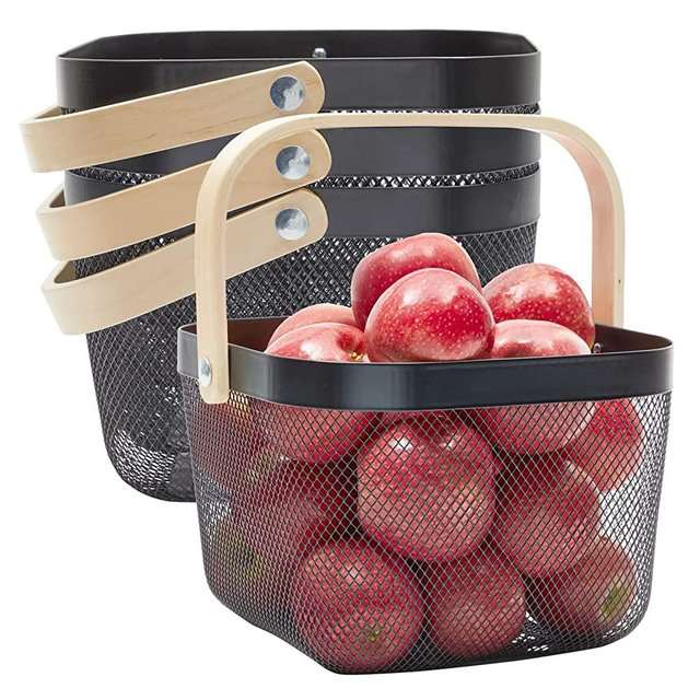4 Pack Square Mesh Fruit Basket with Wooden Handle for Kitchen Storage Organization (Black, 9.4 x 6.9 In)
