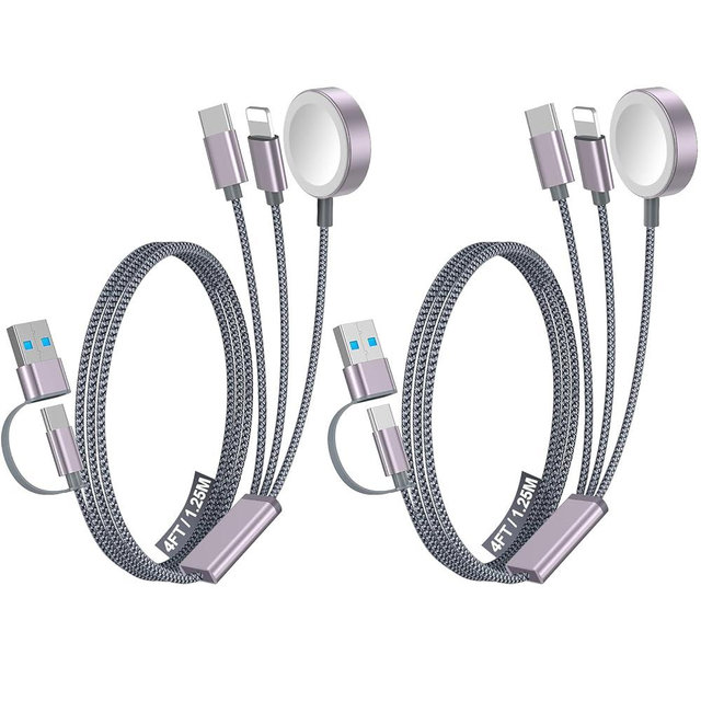 2Pack Multi Fast Charging Cable for Travel Essentials,Apple Watch Charger,iPhone Charger,[3-in-2] USB A/Type C/Lightning Cable for iWatch Ultra/SE/10-2,iPhone 16-11,Galaxy S25-21,Airpods,iPad-4FT