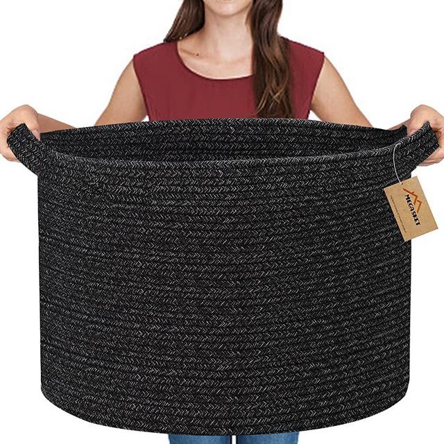 MEGASKET Large Black Blanket Basket, 22" X 22" X 14" Woven Rope Baskets for Storage, Kids Dog Toy Storage Baskets Organizer Bins, Blanket Storage for Living Room, Black Wicker Baskets for Organizing