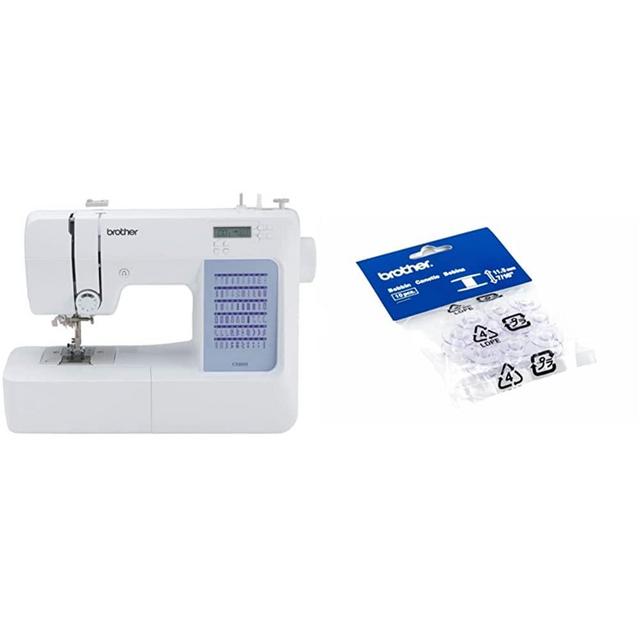 Brother CS5055 Computerized Sewing Machine, 60 Built-in Stitches, LCD Display, 7 Included Feet, White & Sewing and Embroidery Bobbins 10-Pack, SA156,Clear