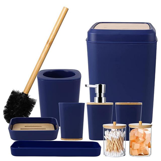 Navy Blue Bathroom Accessories Set, 9 Piece Bathroom Accessory Set with Trash Can,Toothbrush Holder,Toothbrush Cup,Lotion Soap Dispenser,Vanity Tray,Soap Dish,Toilet Brush,Qtip Holder