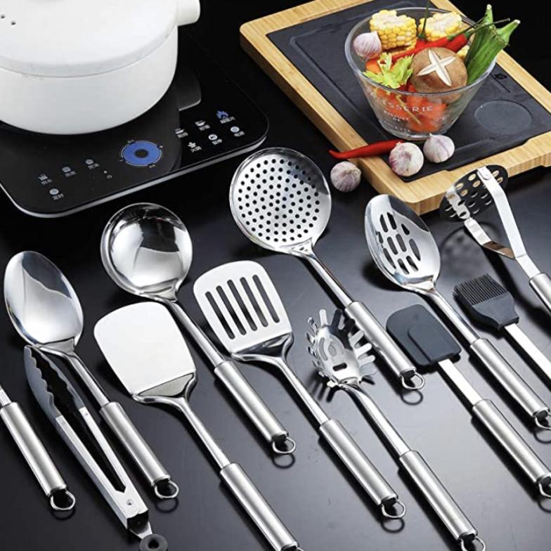 Berglander Cooking Utensil Set 13 Piece Stainless Steel Kitchen Tool Set with Holder, Include Cooking Spoon, Spatula, Whisk, Cooking Tong and etc. (13 Pieces)