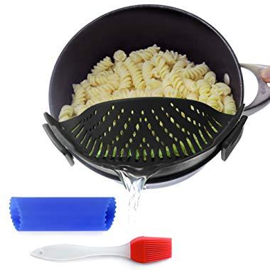 Clip-On Kitchen Food Strainer for Spaghetti, Pasta, Ground Beef Grease, Colander & Sieve Snaps on Bowls, Pots and Pans, Set includes Silicone Strainer, Brush & Garlic Peeler by Salbree (Black)