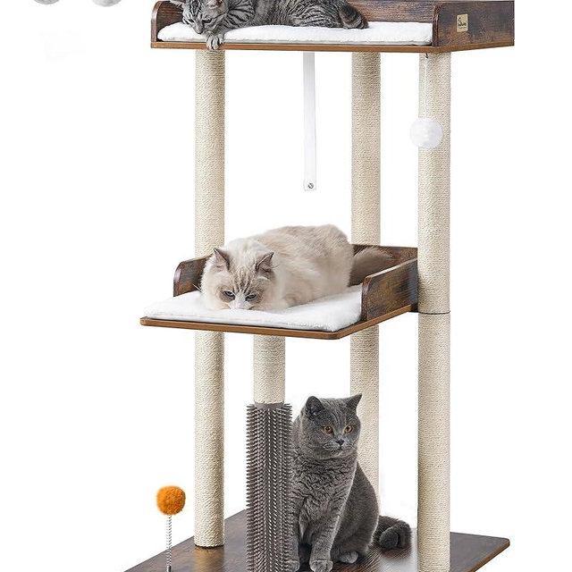 FourFurPets 43.7" Cat Tree, Modern Cat Tree Tower, Cat Tower for Indoor Cats Large Adult, Big Cat Tree with Scratching Post, Wooden Cat Tree with Large Perch, Cat Condo for Adult cat, Rustic Brown