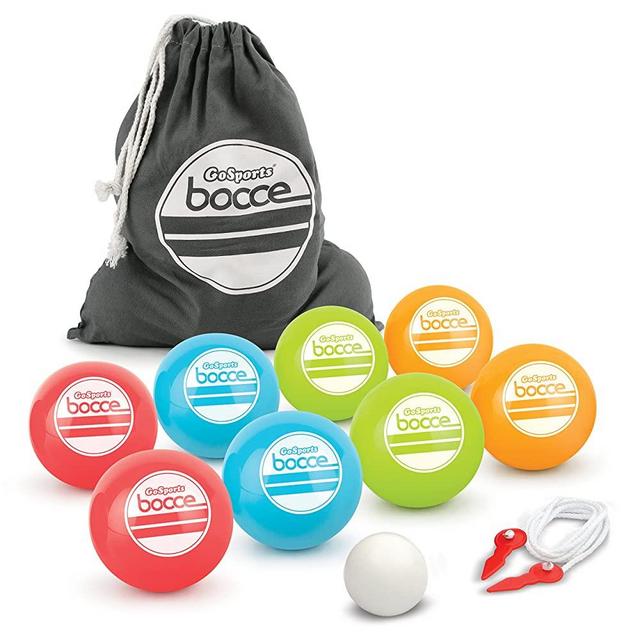 GoSports 90mm Backyard Bocce Set with 8 Balls, Pallino, Case and Measuring Rope | Choose Hard Resin Balls or Soft Rubber Balls