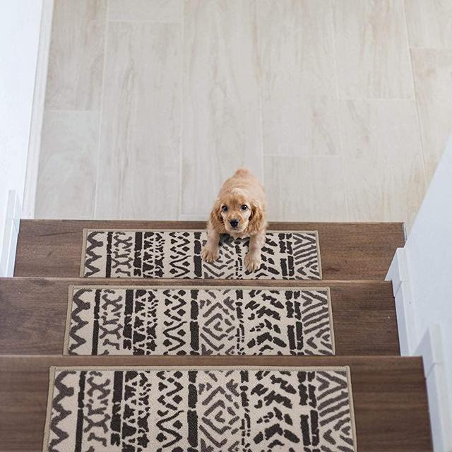 Rugshop Bohemian Design Geometric Non-Slip (Non-Skid) Stair Treads Cream/Beige, 8.6" x 26" (Set of 13)
