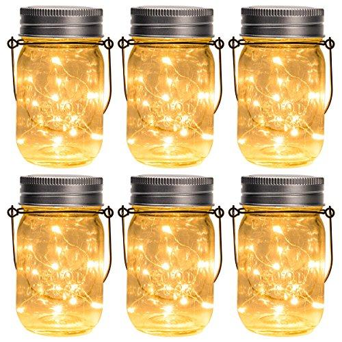 GIGALUMI Hanging Solar Mason Jar Lid Lights, 6 Pack 15 Led String Fairy Lights Solar Laterns Table Lights, 6 Hangers and Jars Included. Great Outdoor Lawn Décor for Patio Garden, Yard and Lawn.