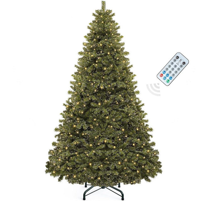 YITAHOME Pre-Lit Artificial Hinged Christmas Tree with Remote Control, 7.5ft Prelighted Spruce Xmas Tree for Home, Office, Party Decoration with 1450 Branch Tips and 550 Warm White Lights, Green