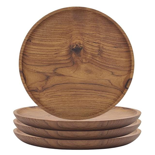 Wooden Plates, Teak Wood Dinner Plates, Yuniff Round Serving Tray Or Serving Dishes All Natural Charger Plates Table Decor, Set Of 4, 12 Inch Wood Plates, Housewarming Gift