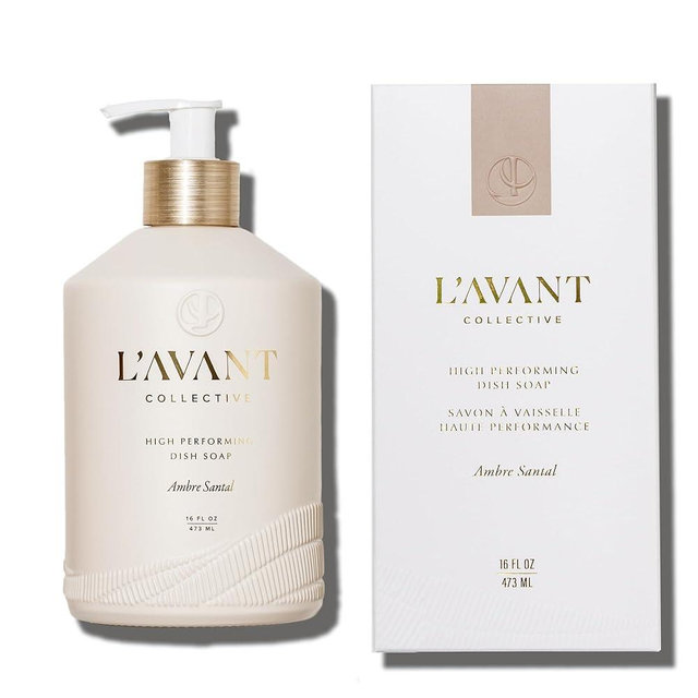 L'AVANT Collective Natural Luxury Dish Soap | Plant-Based, Non-Toxic & Grease-Cutting, Safe for Kids & Pets, Refillable Glass Bottle with Pump, 16 Fl Oz | Ambre Santal