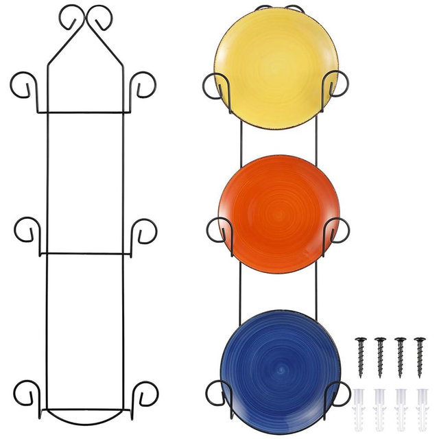 Menkxi 2 Pcs Plate Hangers for Wall Vertical Vintage Wall Plate Holder Decorative for Display Hanger Brackets Mount Rack Arts with Screw and Nut Fittings for Display Dishes Picture Frame(3 Tier,Black)