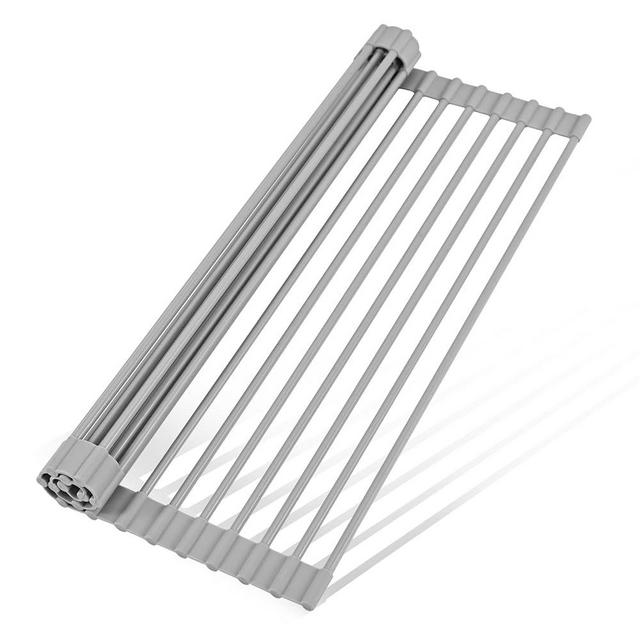 LEMIKKLE Roll Up Dish Drying Rack 17" x 13", Over The Sink Dish Drainer Rack, Foldable Sink Drying Rack, Anti-Slip Silicone Wrapped Dish Drainer for Kitchen Counter (Grey 17" x 13")