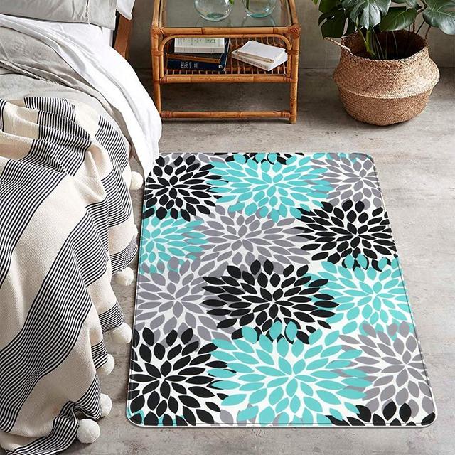Uphome Foam Bath Mat Soft Flannel Dahlia Flower Throw Rugs Machine Washable Non-Slip Absorbent Bathroom Rugs Chic Farmhouse Area Rug for Living Room Bedroom Bathtub(28" W x 47" L, Teal,Black,Grey)