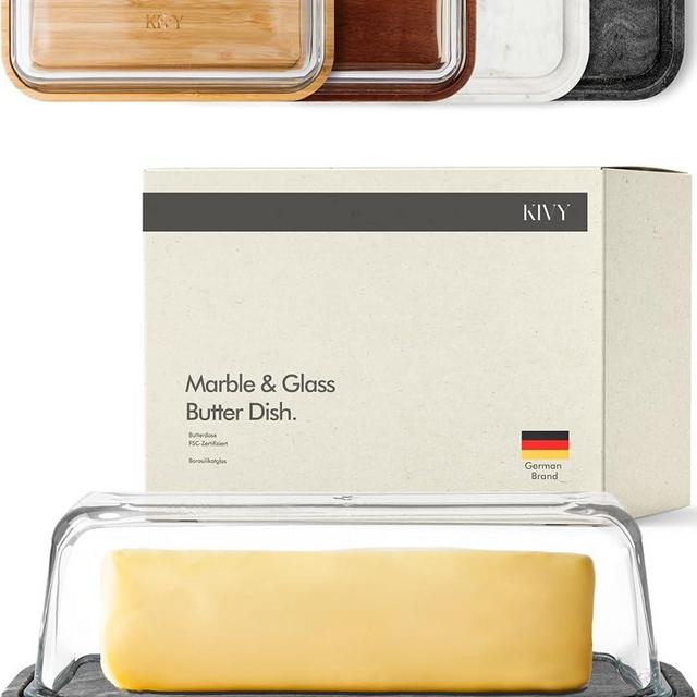 KIVY Butter Dish (Black Marble & Glass) - For countertop and refrigerator door shelf - Marble butter keeper - Stone butter dish - Glass butter dish with lid - Dishwasher Safe