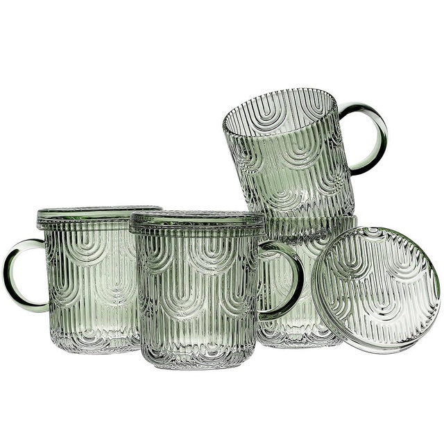 Lysenn Glass Coffee Mugs Set of 4 - Premium Crystal Glass Mugs with Lids – Unique Design Coffee Glasses for Tea Latte Cocoa Chocolate - 10 oz, Lime Green