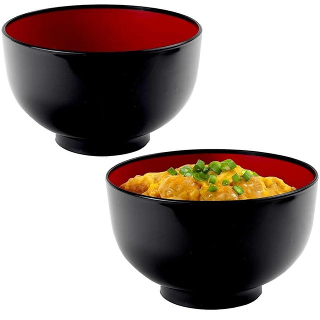 JapanBargain, 2-Pack Authentic Japanese Plastic Ramen Bowl, Black and Red Lacquered Style Noodle Soup Bowl, Made in Japan, Food Safe BPA Free, Microwave and Dishwasher Safe, 38 oz