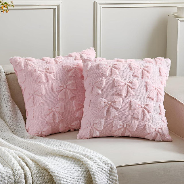 Mixweer Pink Bow Pillow Covers Set of 2 Preppy Room Decor Coquette Cute Spring Summer Decorative Faux Fur Soft Bowknot Stuff Fluffy Plush Aesthetic Pillowcase for Bed Sofa Couch (18 x 18 Inch)