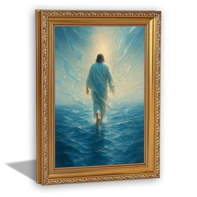 QWETYY666 Gold Frame Christian Wall Art Blue Jesus Walking On Water Canvas Wall Decor Religious Modern Jesus Divine Light Pianting Pictures Prints For Living Room Bedroom Church 12x16 inch