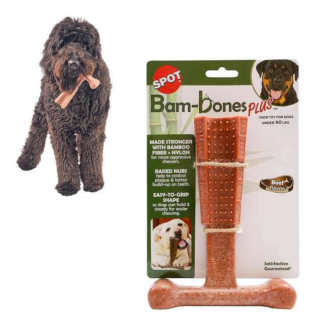 SPOT Bam-Bones Plus T Bone - Bamboo Fiber & Nylon, Durable Long Lasting Dog Chew for Aggressive Chewers – Great Toy for Adult Dogs & Teething Puppies Under 90lbs, Non-Splintering, 7in, Beef Flavor