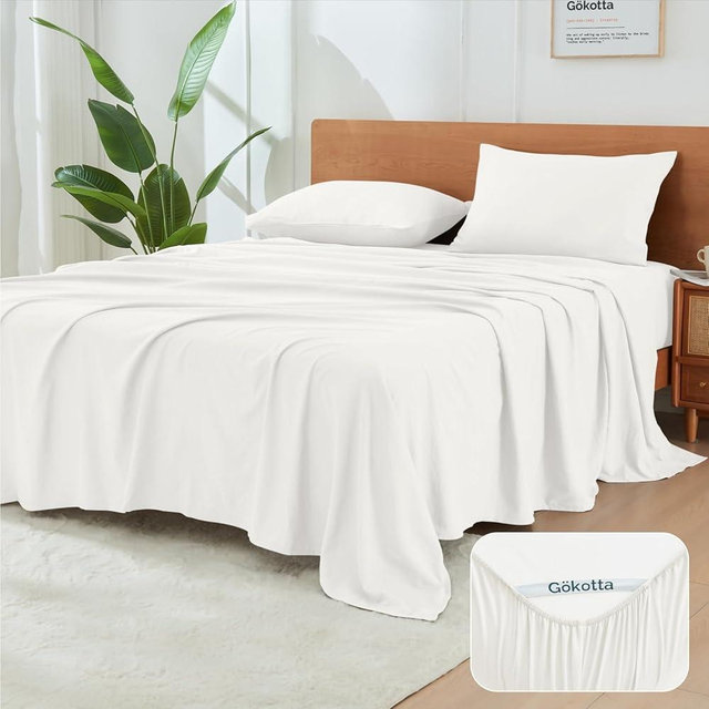 GOKOTTA 4-Pcs Queen Sheet Set, 16-Inch Deep Pocket Queen Sheets with Elastic Corner Straps, Hotel Luxury Ultra Soft Brushed Microfiber Sheets Queen Size Bed Set - Non Slip, Anti-Rip, Easy Care - White