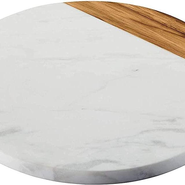 KC KULLICRAFT White Marble Serving Board - Marble Cheese Board | Acacia Wooden Serving Tray For Charcuterie, Cheese, Meats, Fruit, Crackers | Marble Cutting Board, Marble Tray, White Marble Slab Round
