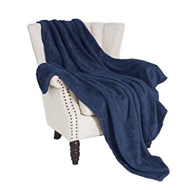 Exclusivo Mezcla Waffle Flannel Fleece Velvet Plush Large Throw Blanket – 50" x 70" (Navy Blue)