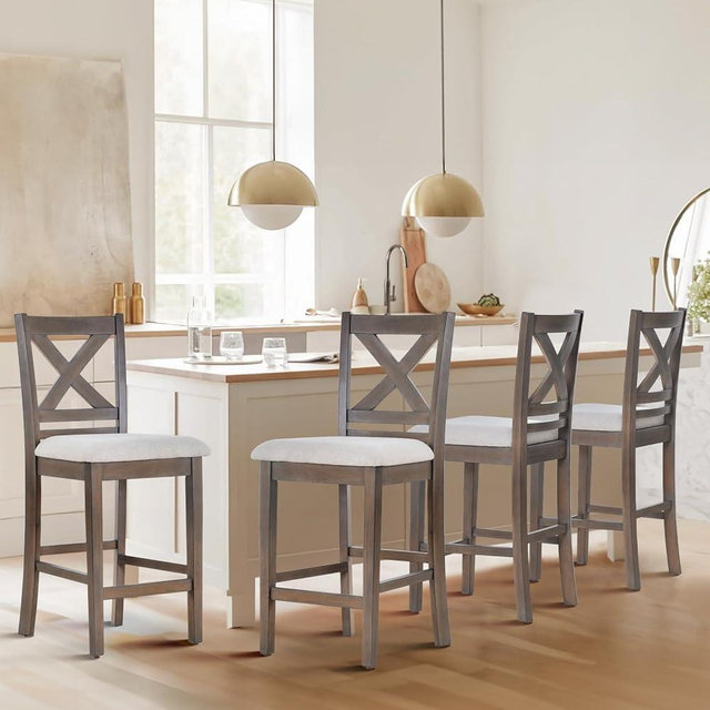 COLAMY Upholstered Counter Height Bar Stools Set of 4, Modern Kitchen Island Barstools Chairs with Cross Back and Wood Legs for Dining Room Bar, Light Brown Wash