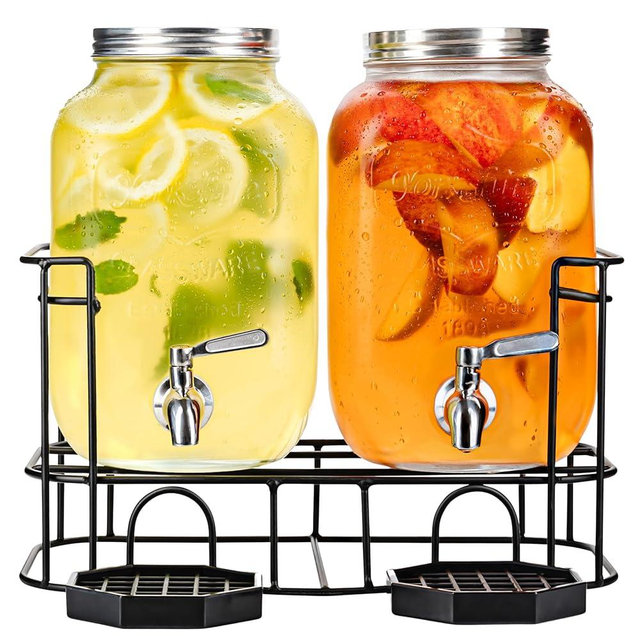Dual Gallon Glass Beverage Dispensers with Metal Stand and Stainless Steel Spigots – Classic Mason Jar Design for Cold Drinks, Iced Tea, and Kombucha