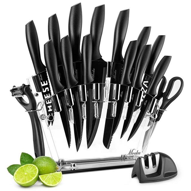 MOOKA Knife Set, 17 Pieces Kitchen Knife Set with Acrylic Stand, 13 Black Non-Stick Coating Stainless Steel Knives, Chef Knife, 6 Steak Knives, Scissors, Peeler and Knife Sharpener