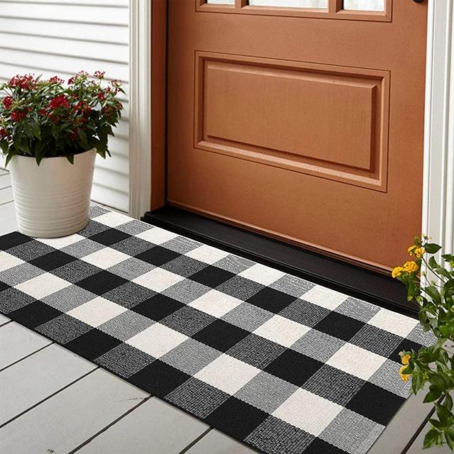 Cotton Buffalo Plaid Rugs Black and White Hand-Woven Checkered Rug Welcome Door Mat Bathroom Outdoor Porch Laundry Living Room Rug for Kitchen Carpet Braided Throw Mat