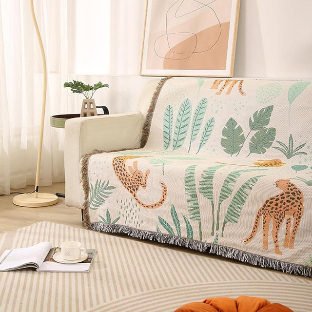 LumiSyne Double-Sided Cotton Woven Throw Blanket with Tassel Jungle Bohemian Style Tapestry Shawl Multi-Function Decorative Throws for Sofa Bed Armchair Camping Blanket Tablecloth Carpet 160x130cm