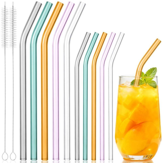 BIEOFFEI 10 Pack Reusable Glass Straws - 8" x 8mm and 9" x 10mm, Colorful Glass Drinking Straws for Smoothies, Milkshake, Coffee, Juice, Cocktails, Each Size Including 5 Bent with 2 Cleaning Brushes