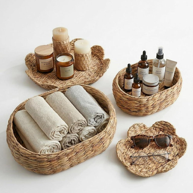 Boho Rattan Basket Set of 2, Scalloped Wicker Storage Baskets with Lids, Handwoven Woven Storage Basket Decorative Basket, Vintage Picnic Basket, Wicker Bread Basket, Natural Decorative Storage