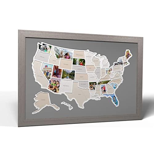 Thunder Bunny Labs 50 States USA Photo Map - Frame Optional - Made in America (Driftwood, Grey Frame)