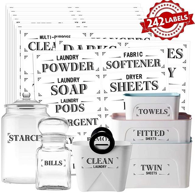 242 PCs Home Office Organization Labels Printed Customizable Water Resistant Stickers with Perforation Line in Various Sizes for Bathroom Living Room Laundry Closet Farmhouse Jars Containers Bins