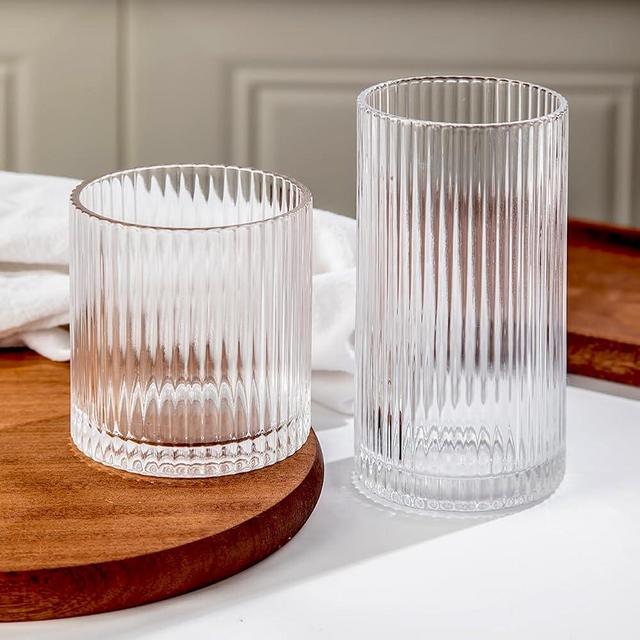 Lumkit Ribbed Drinking Glasses 8pcs, 12oz and 10oz Glassware, Tumbler Glasses Cup Set for Wedding, Party, Christmas Gift, Clear