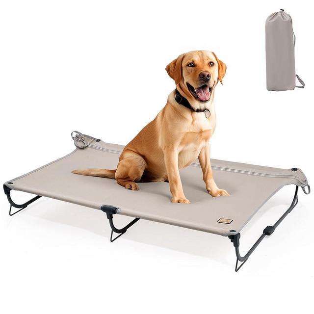CANINE CANYON Daisy Cot, Large Foldable Elevated Dog Bed, Portable Raised Outdoor Folding Dog Cot, Cooling, Chew Proof, Waterproof, Heavy Duty Up to 160 Lbs for Camping/Home, Tan, 43"x27"x7”