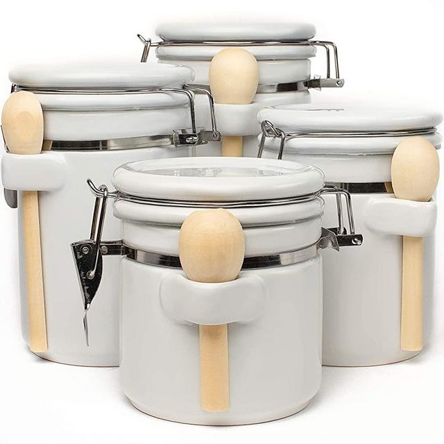 Home Intuition Ceramic Kitchen Canisters Set of 4 with Wooden Spoon Set – Airtight Containers, Metal Latches for Utmost Freshness – Sugar, Coffee, Flour, Tea & More | White