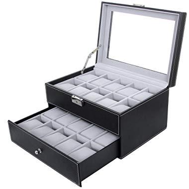 SONGMIC Watch Box 20 Mens Case Glass Top Black Display Organizer Lockable UJWB006
