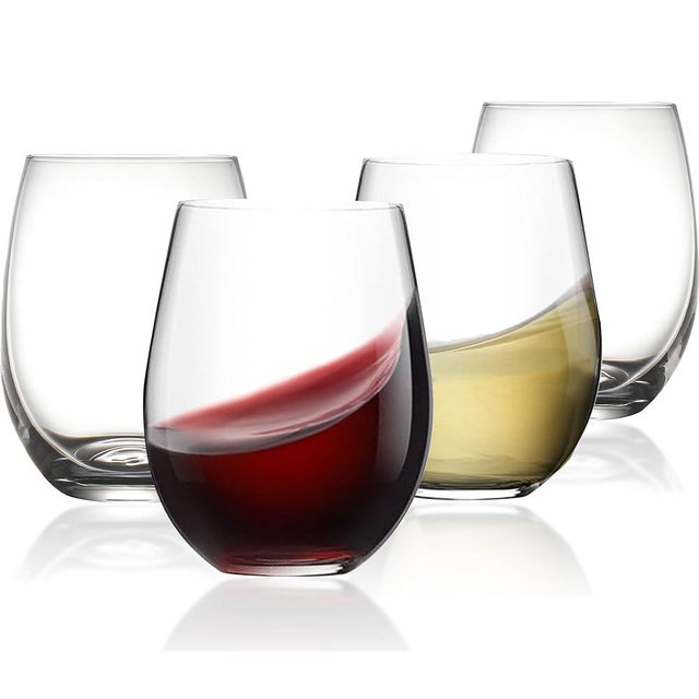 Stemless Wine Glass, Red & White 15oz Stemless Wine Glass Set of 4, Drink Glasses with Durable Chip Resistant Rim, Large Wine Glasses for Enhanced Aeration, Wine Accessories for Parties (15oz - 4Pack)